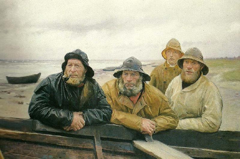 Michael Ancher fire fiskere ved en bad pa skagens strand
